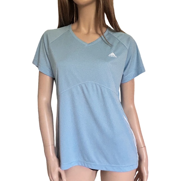Adidas 3 Stripe Fitness Top Shirt Pullover V-Neck Baby Blue Yoga Gym Active Wear - Picture 6 of 12